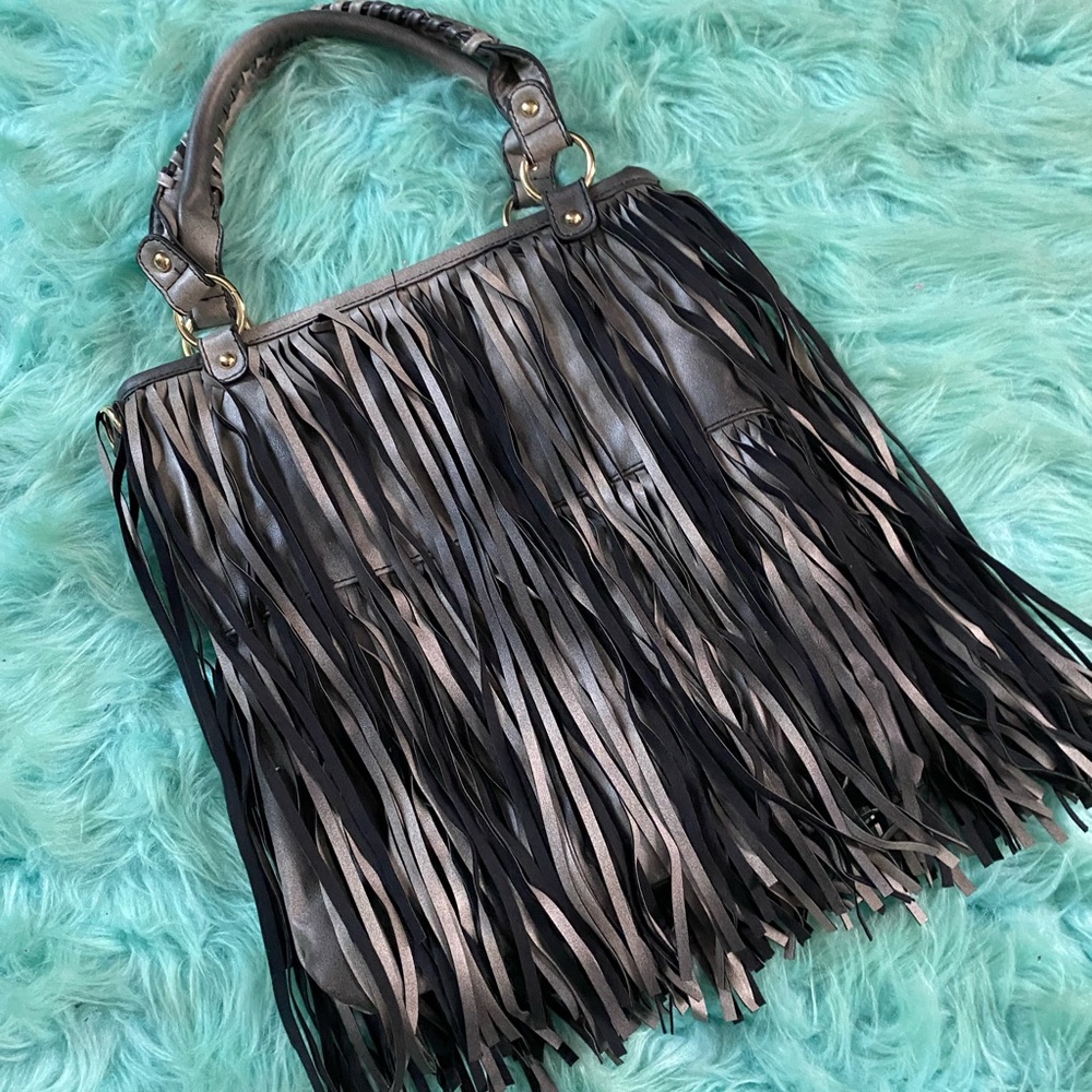 Gray/black leather fringe bag